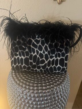 Funky Black & Cream Animal Print Feather Trim Statement Handbag